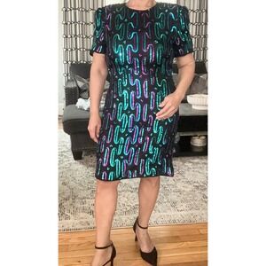 Vintage‎ Eves Allure Sequin Beaded Black Silk Short Sleeve Cocktail Dress L *197